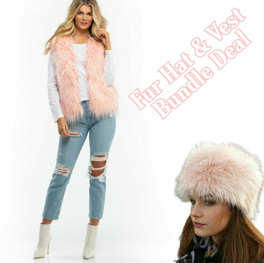Pink Fur Russian Hat & Matching Fur Vest